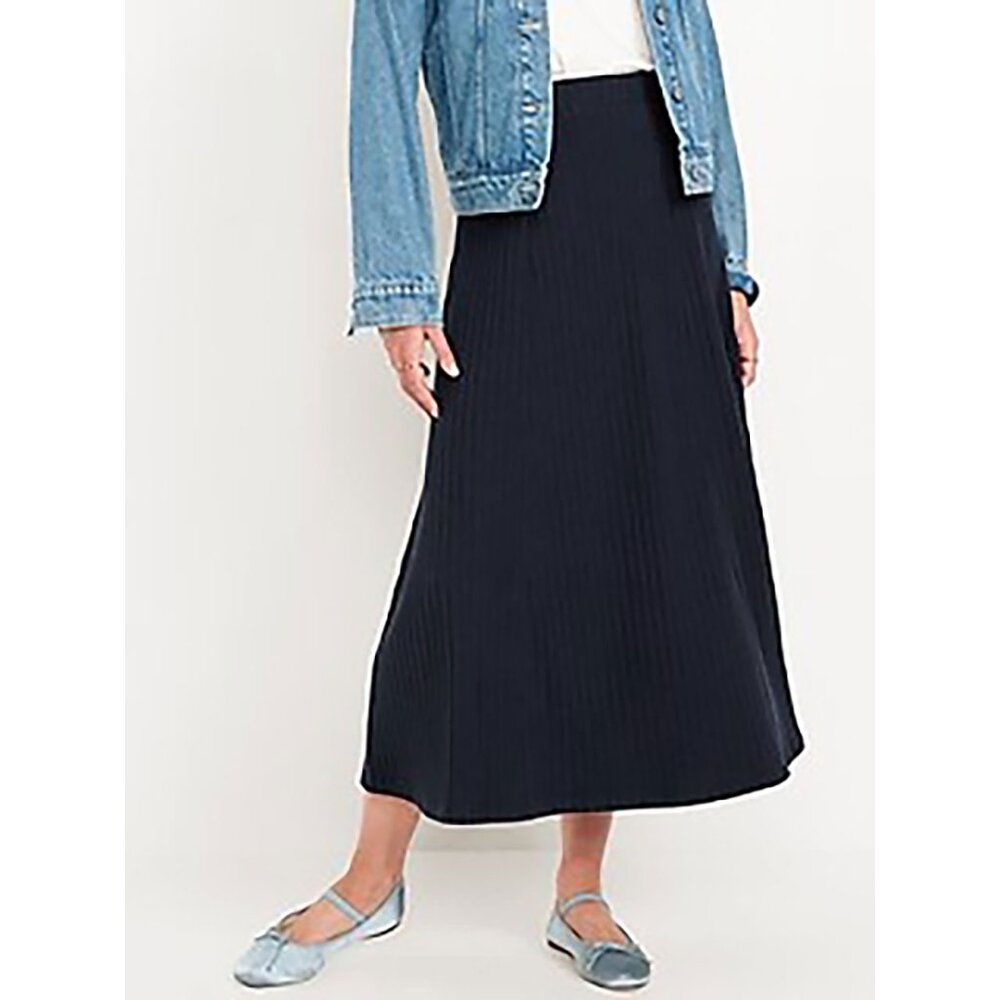 Navy Blue Cotton Blend Cozy Ribbed Maxi Sweater Skirt S / Small